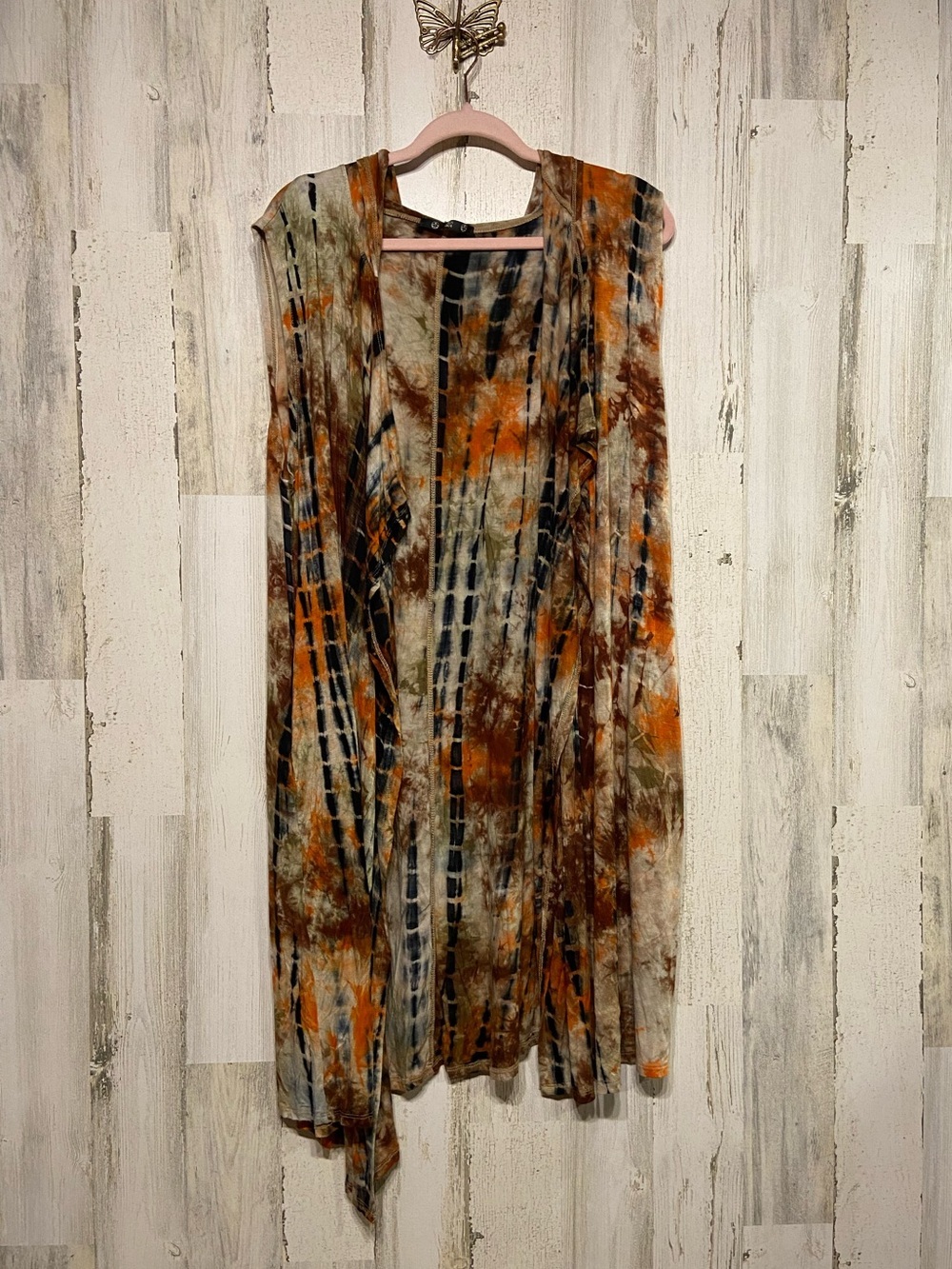 Coin 1804 Tie Dye Orange Brown Longline Sleeveless Cardigan Duster 1X